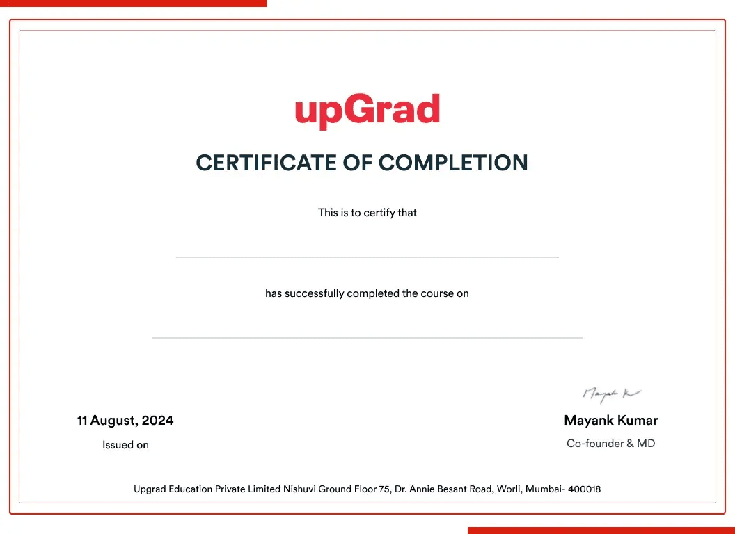 Sample upGrad certificate of completion
